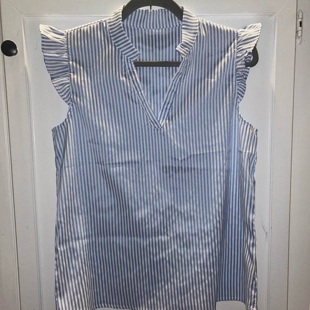 Blue Striped Ruffle Sleeve Top - Picture 3 of 3